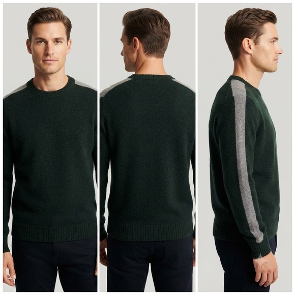 J.CREW Other - Vintage J.Crew Wool Sweater Mens M Dark Green Side Stripe Crew Neck Pullover